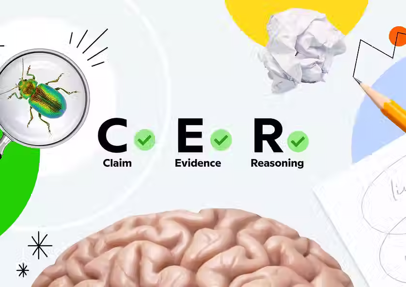 Magnifying glass over CER acronym spelling out Claim-Evidence-Reasoning