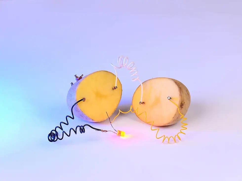 Potato cut in half with wires coming out of it
