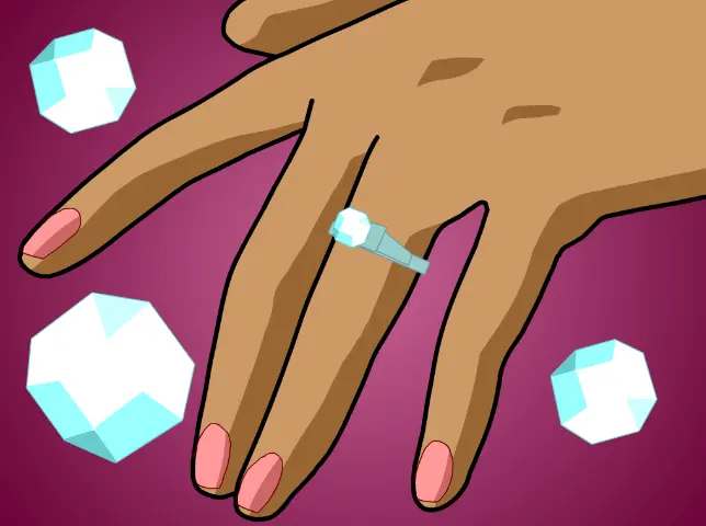 Illustration showing a diamond ring on someone's ring finger